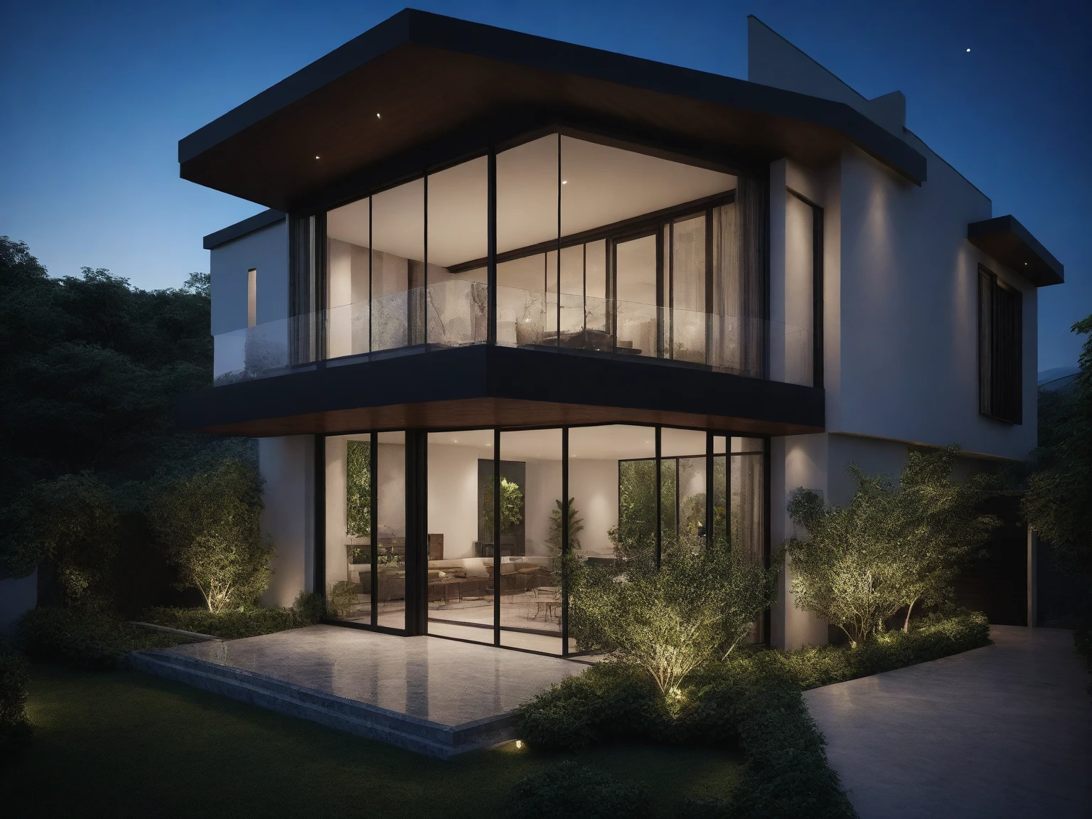 3D render of a beautiful house, Dark, gray tones, white wall. lumion render, night time render, insanely detailed rendering, realistic architecture, architectural visualization. The house is adorned with elegant lighting and plants to enhance its exterior appearance in a Vietnam city street. The staircase leading into the house is tiled with black marble and has bright LED lights. Behind are hills and mountains with clear blue sky. balcony with green plants. The main door is made of black aluminum and glass reaching up to the ceiling. Looking through the glass windows to look inside the house with luxurious interiors with luxurious and warm lights, interior lighting rendering and lighting effects. marble and wood and glass, dark and modern, luxcore render, taken with professional photography techniques, using a wide angle lens with bright natural light and high resolution details, in the style of professional photograph, hyper realistic, highly detailed.