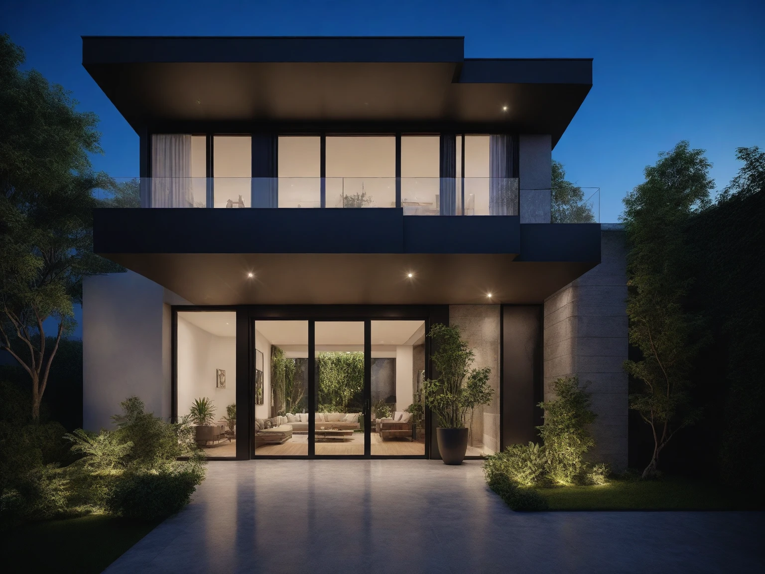 3D render of a beautiful house, Dark, gray tones, white wall. lumion render, night time render, insanely detailed rendering, realistic architecture, architectural visualization. The house is adorned with elegant lighting and plants to enhance its exterior appearance in a Vietnam city street. The staircase leading into the house is tiled with black marble and has bright LED lights. Behind are hills and mountains with clear blue sky. balcony with green plants. The main door is made of black aluminum and glass reaching up to the ceiling. Looking through the glass windows to look inside the house with luxurious interiors with luxurious and warm lights, interior lighting rendering and lighting effects. marble and wood and glass, dark and modern, luxcore render, taken with professional photography techniques, using a wide angle lens with bright natural light and high resolution details, in the style of professional photograph, hyper realistic, highly detailed.