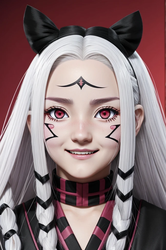 Captura de pantalla de Kimetsu No Yaiba.
Make a girl with long white hair, wine red eyes, He has a mole next to his left eye, pale skin and is smiling widely with closed mouth. Has the black Kimetsu No Yaiba hunter report.
Do it Kimetsu no yaiba style.