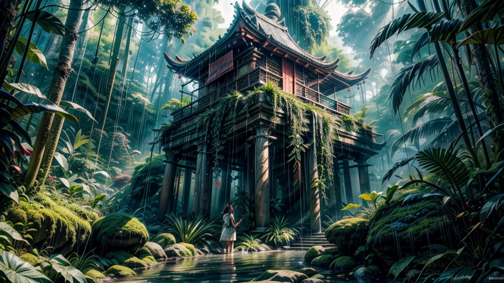  anime aestetics, anime scenery, daytime, rainforest, jungle, stone temple in the jungle, civered in moss, wines everywhere, downpour, strong, rain, mystic atmosphere, ancient structure, ttall tress, jungle plants, huge leavesm, beautifl big red jungle flowers, predator plants, perspective, atmospheric perspective, wide shot, highres, 4K, 8k, award winning, super detail, masterpiece