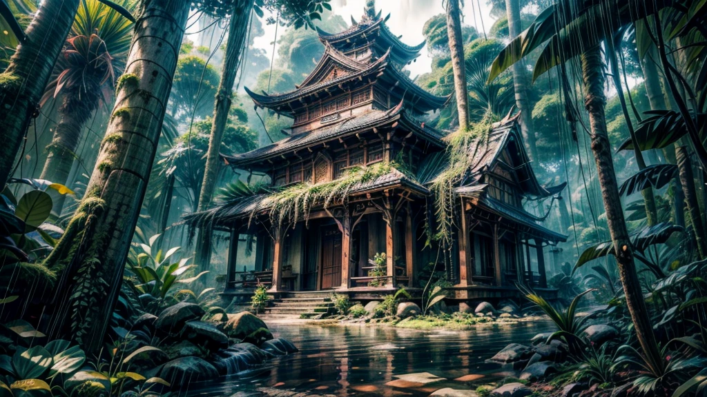 anime aestetics, anime scenery, daytime, rainforest, jungle, stone temple in the jungle, civered in moss, wines everywhere, downpour, strong, rain, mystic atmosphere, ancient structure, ttall tress, jungle plants, huge leavesm, beautifl big red jungle flowers, predator plants, perspective, atmospheric perspective, wide shot, highres, 4K, 8k, award winning, super detail, masterpiece