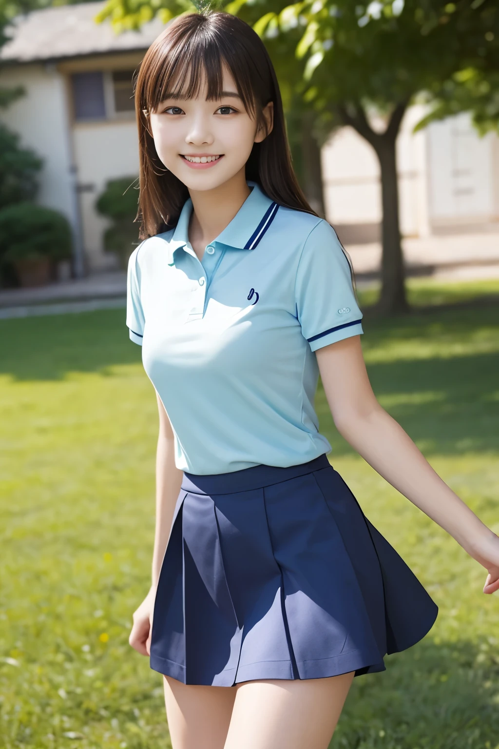 Japanese、high school student、Beauty、Facing forward、Kind eyes、Smiling Kindly、Wearing a navy blue short-sleeved polo shirt、She is wearing a tight grey mini skirt、