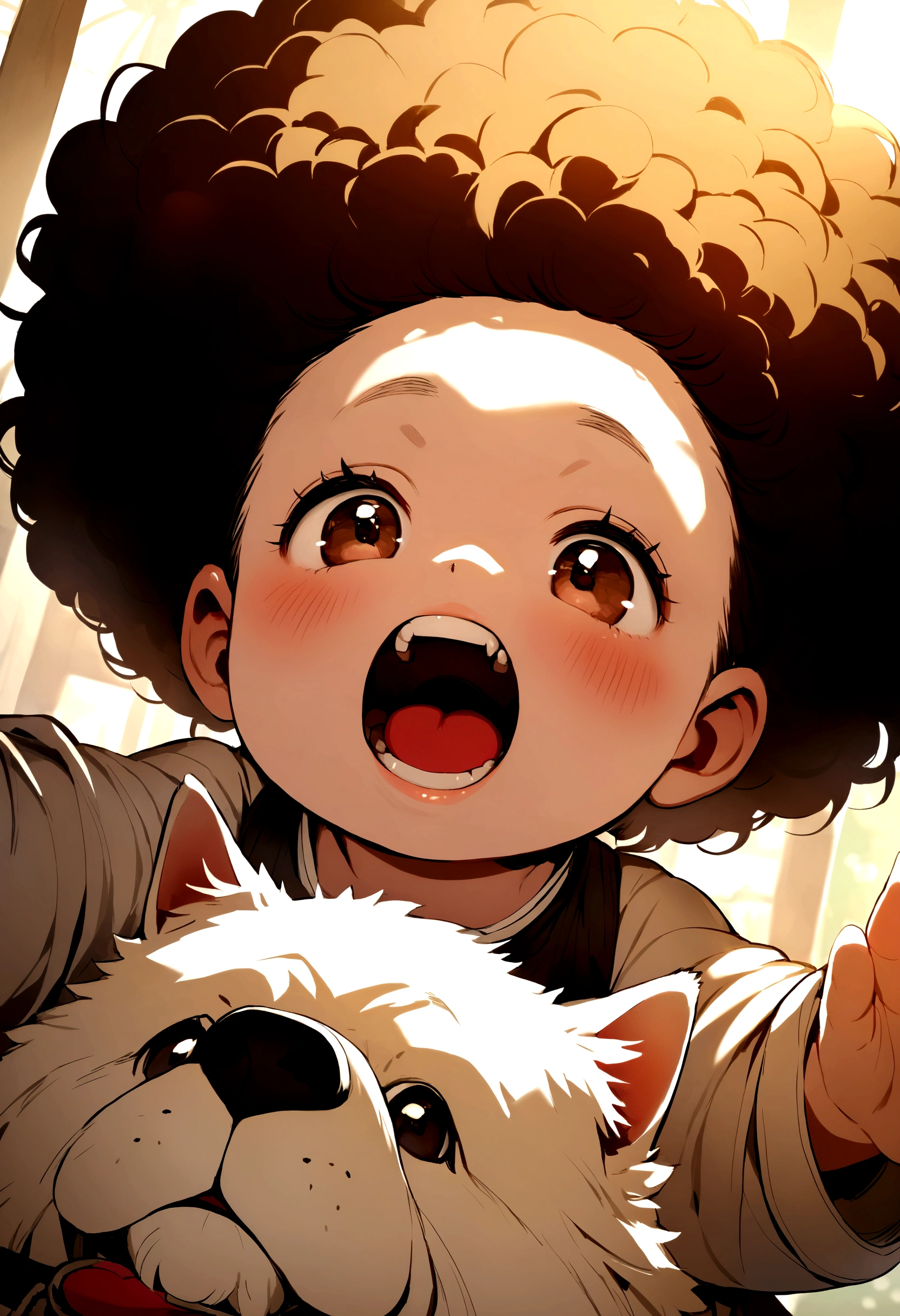 Baby with a clear complexion, afro hair with dog bosal, showing teeth