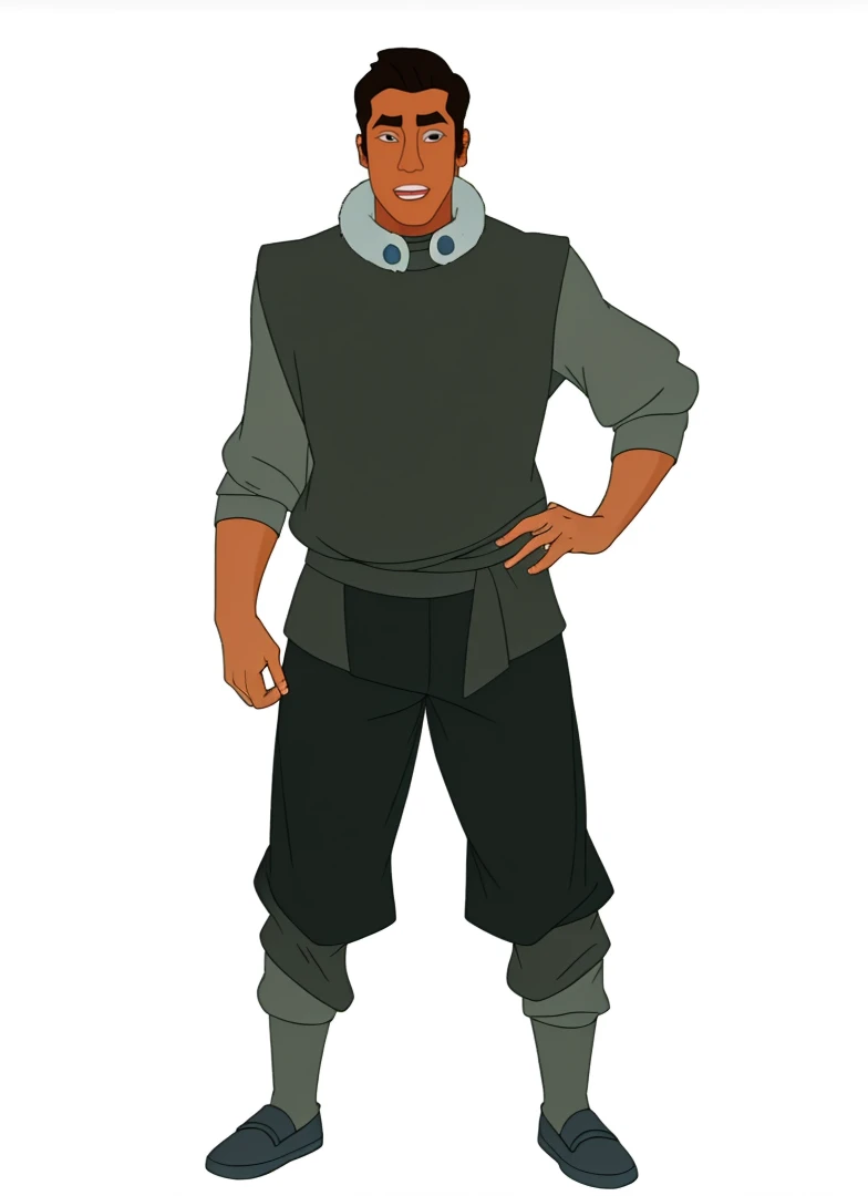 African-American male Bolin , the legend of Korra character, purple water tribe outfit, dark purple pants, fur collar.