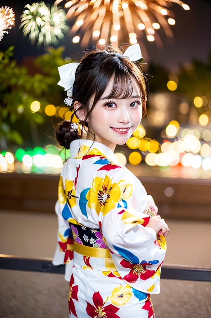 ((Highest quality, 8K, masterpiece: 1.3)),RAW Photos,Realistic atmosphere,Lens flare, Ray Tracing,(Detailed beautiful white skin:1.3),Beautiful Japanese, High-resolution face,shiny light brown hair,Bun Hair,Red and gold hair ornament,(Watching the fireworks wearing a floral yukata:1.2),Huge fireworks,(White yukata with sleeves:1.2),((Ribbon-type obi:1.3)),((Looking back with an innocent smile:1.3)),Blurred grand fireworks,(Many colorful fireworks:1.2)Star Mine,Fireworks across the sky,Large fireworks