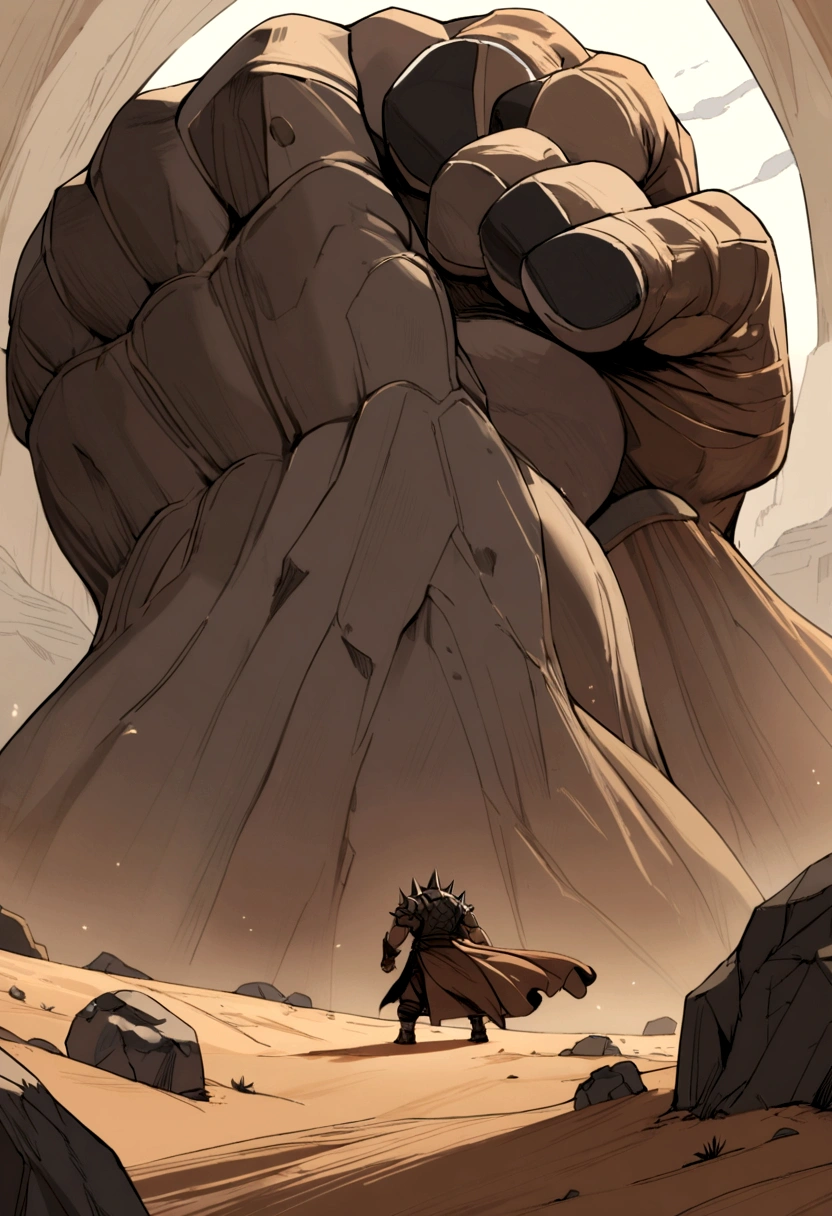 a giant fist  in stone on the desert with spikes 