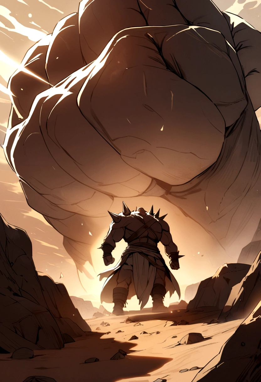 a giant fist in stone on the desert with spikes