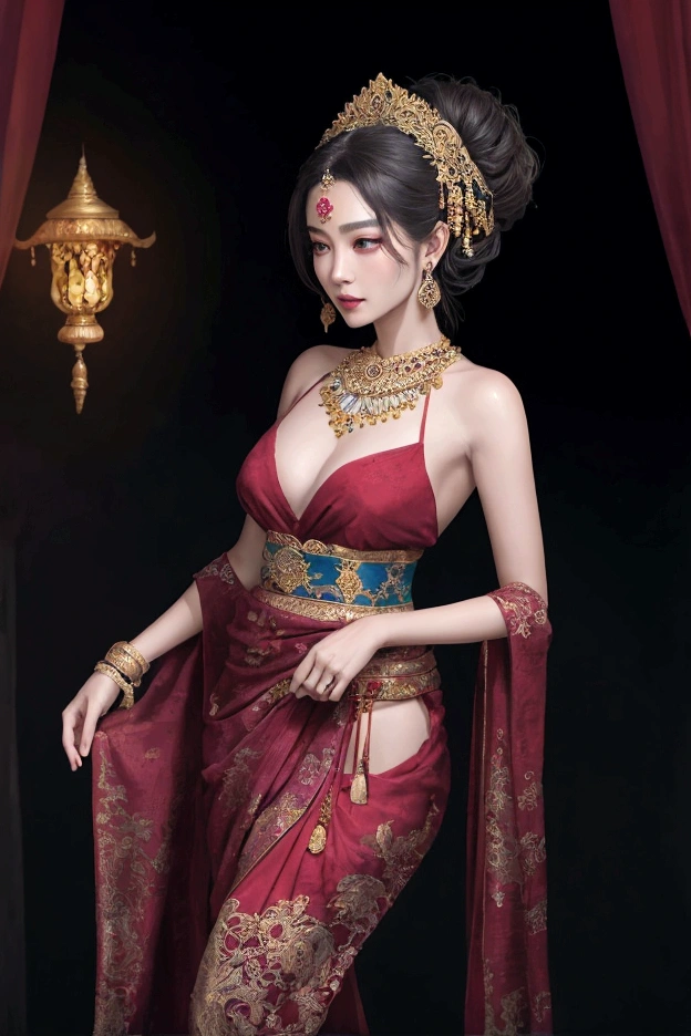 Text good night Create an image featuring two figure with a skeletal and a woman , demonic appearance, possessing glowing red eyes and intricate dark textures that suggest decay. Include another figure in traditional East Asian female attire, detailed with floral patterns and a sash around the waist. The setting is moody and atmospheric, with smoke elements enhancing the ominous vibe of the scene.Sign “ INuE”

Details:

Facial features: The women's faces are radiant and youthful, with delicate features and captivating eyes that sparkle with warmth and intelligence. Her hair is styled in a messy bun adorned with fresh flowers and secured with a gold pin, adding a touch of elegance and whimsy.
Traditional outfit: The Keng Tong Tai Khun outfit is a top tank style masterpiece of craftsmanship, featuring vibrant silks, intricate embroidery, and delicate gold embellishments. The long, flowing skirt cascades gracefully around her legs, while the fitted bodice accentuates her slender figure. A traditional headdress adds a regal touch to her ensemble.
Accessories: The women's beauty are further enhanced by a dazzling array of traditional jewelry. Bangle bracelets encircle her wrists, a statement necklace adorns their neck, and delicate earrings dangle from her ears. Each piece is intricately crafted and adds a touch of luxury to her overall look.
Bagan temples background: The ancient Bagan temples provide a breathtaking backdrop for the portrait. Their weathered brickwork and towering spires add a touch of grandeur and mystery to the scene. The warm hues of the sunrise or sunset bathe the temples in a golden glow, creating a truly magical atmosphere.