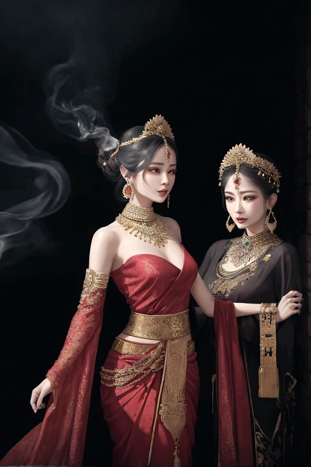 Text good night Create an image featuring two figure with a skeletal and a woman , demonic appearance, possessing glowing red eyes and intricate dark textures that suggest decay. Include another figure in traditional East Asian female attire, detailed with floral patterns and a sash around the waist. The setting is moody and atmospheric, with smoke elements enhancing the ominous vibe of the scene.Sign “ INuE”
Details:
Facial features: The women's faces are radiant and youthful, with delicate features and captivating eyes that sparkle with warmth and intelligence. Her hair is styled in a messy bun adorned with fresh flowers and secured with a gold pin, adding a touch of elegance and whimsy.
Traditional outfit: The Keng Tong Tai Khun outfit is a top tank style masterpiece of craftsmanship, featuring vibrant silks, intricate embroidery, and delicate gold embellishments. The long, flowing skirt cascades gracefully around her legs, while the fitted bodice accentuates her slender figure. A traditional headdress adds a regal touch to her ensemble.
Accessories: The women's beauty are further enhanced by a dazzling array of traditional jewelry. Bangle bracelets encircle her wrists, a statement necklace adorns their neck, and delicate earrings dangle from her ears. Each piece is intricately crafted and adds a touch of luxury to her overall look.
Bagan temples background: The ancient Bagan temples provide a breathtaking backdrop for the portrait. Their weathered brickwork and towering spires add a touch of grandeur and mystery to the scene. The warm hues of the sunrise or sunset bathe the temples in a golden glow, creating a truly magical atmosphere.