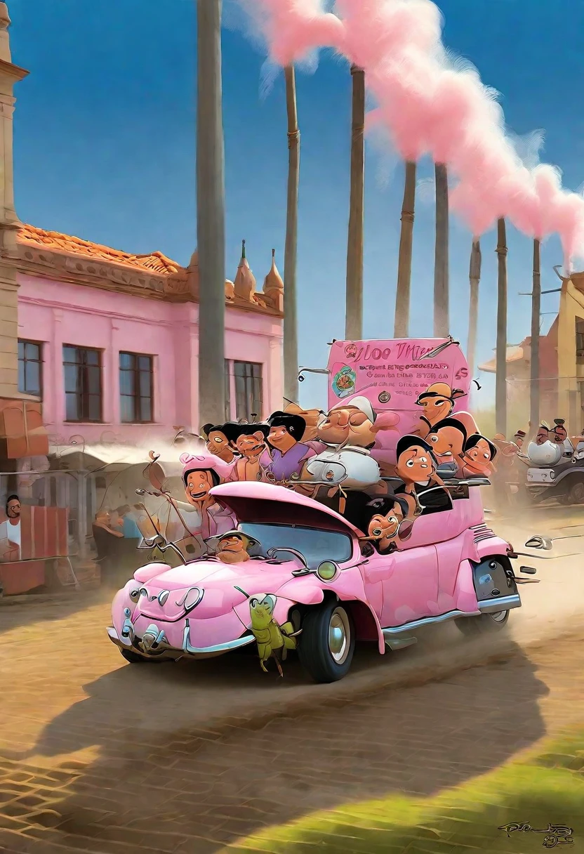 Cartoon style caricature, high detail cartoon, BUGGY style beetle front, Beetle BAJA, CROSS with a plow disc under the hood used as a barbecue grill . A Pink Beetle with people hanging out celebrating and barbecuing on a barbecue grill on top of the hood of the Pink Beetle, harvest festival parade Entre Rios de Minas, Gothic art . BLUE sky highlighting the scene