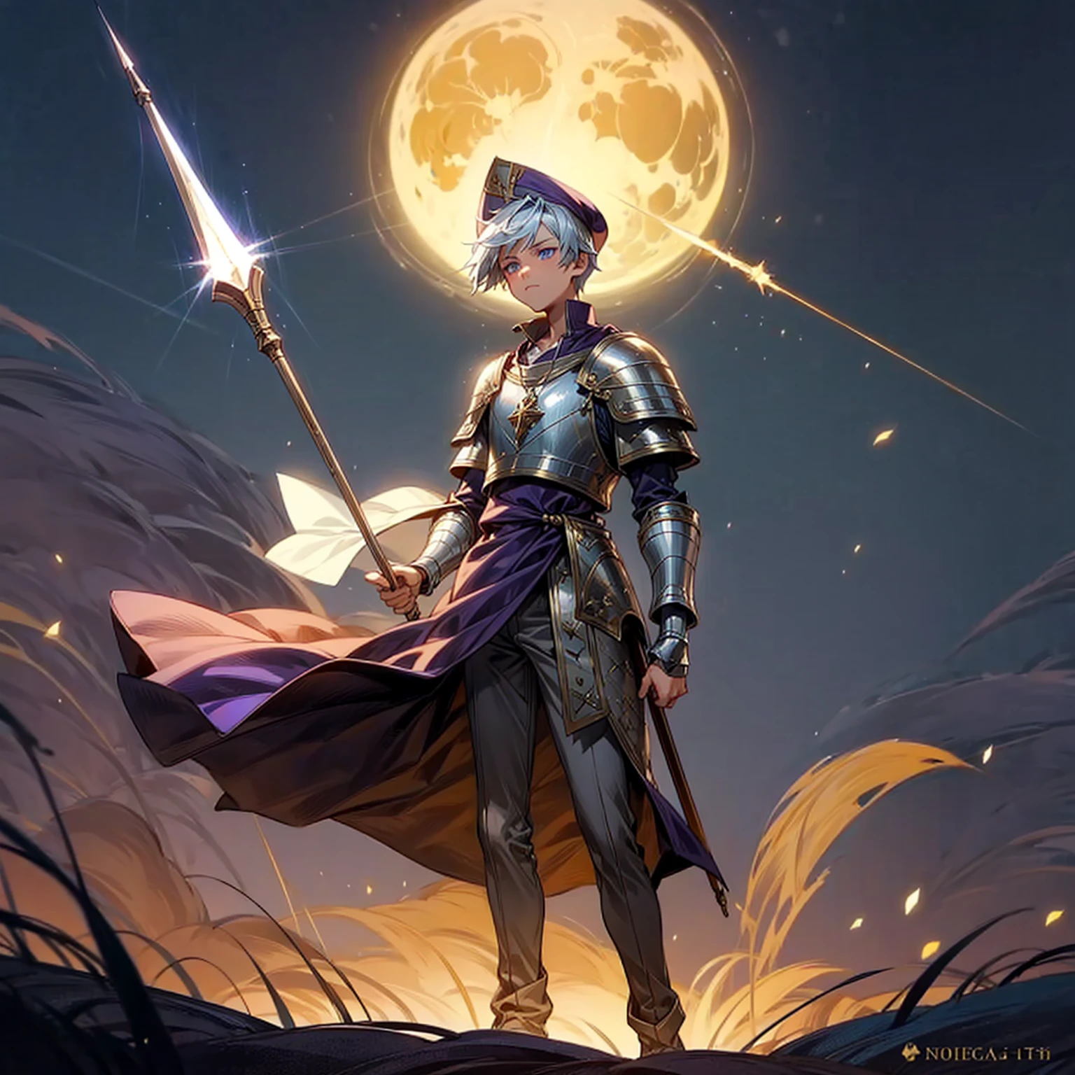 1boy, Full body version, 1character, blue eyes color, sad eyes, eyeliner, tan skin, classic fade haircut, almond eyes type, brown colour hair, medieval clothing style, breton hat, armor body, purple color clothing, silver necklaces, gold armor on hand, gold spear in hand, Grassroots background in field town, motion blur, plasma, fire, in night, moon, lighting fire, lighting moon, battle gesture, lighting Spear,