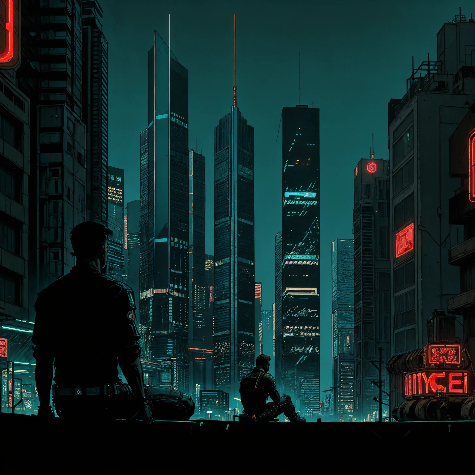 (masterpiece), (cyberpunk park), (street), (cyberpunk city neon lights), (blue tint), (skyscrapers), (realistic illustration), (cinematic), (night), (city skylines), (man back silhouette sitting)