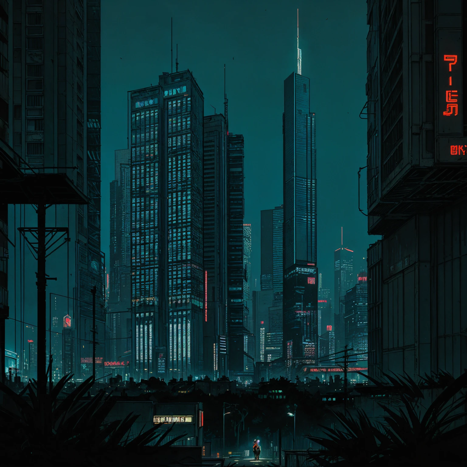 (masterpiece), (cyberpunk park), (street),  (cyberpunk city neon lights), (blue tint), (skyscrapers), (realistic illustration), (cinematic), (night), (city skylines), (man back silhouette sitting) 
