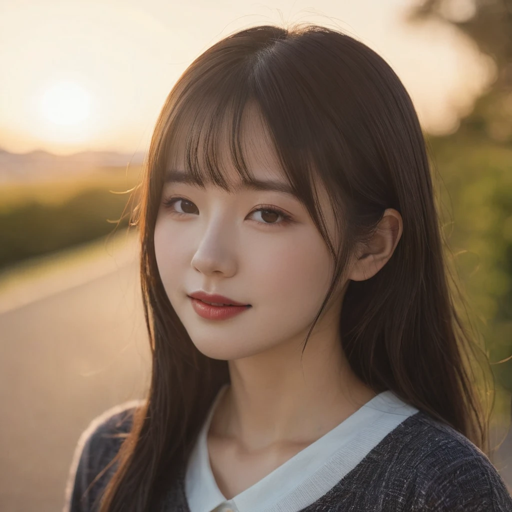 closed lips, cute smile, cinematic photo (art by Mathias Goeritz:0.9) , photograph, from side, most beautiful British-Japanese girl, Random expression,The setting sun, cloud, tilt shift, H, specular lighting, film grain, Samsung Galaxy, F/5, (cinematic still:1.2), freckles . 35mm photograph, film, bokeh, professional, 4k, highly detailed ,1 girl,midjourney,yuzu, perfect, fingers, ,Extremely Realistic