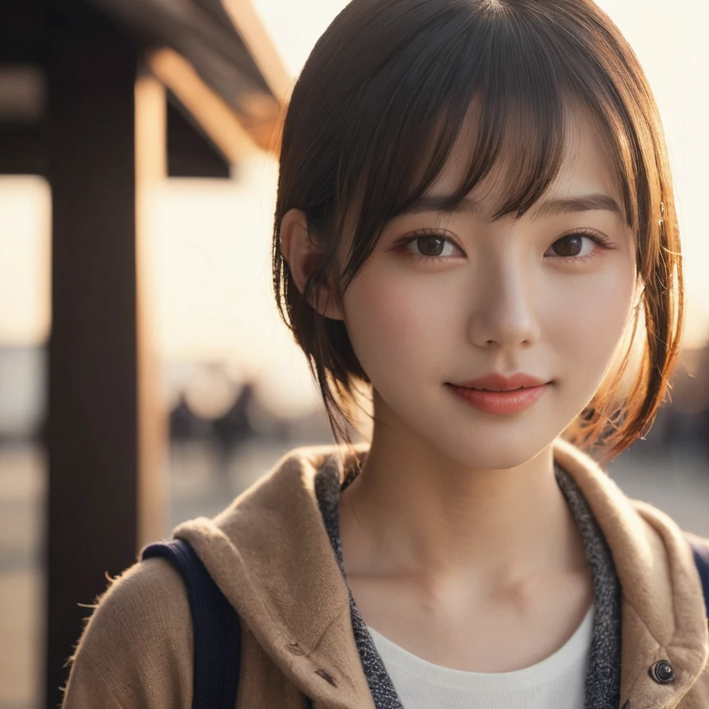 closed lips, cute smile, cinematic photo (art by Mathias Goeritz:0.9) , photograph, from side, most beautiful British-Japanese girl, Random expression,The setting sun, cloud, tilt shift, H, specular lighting, film grain, Samsung Galaxy, F/5, (cinematic still:1.2), freckles . 35mm photograph, film, bokeh, professional, 4k, highly detailed ,1 girl,midjourney,yuzu, perfect, fingers, ,Extremely Realistic