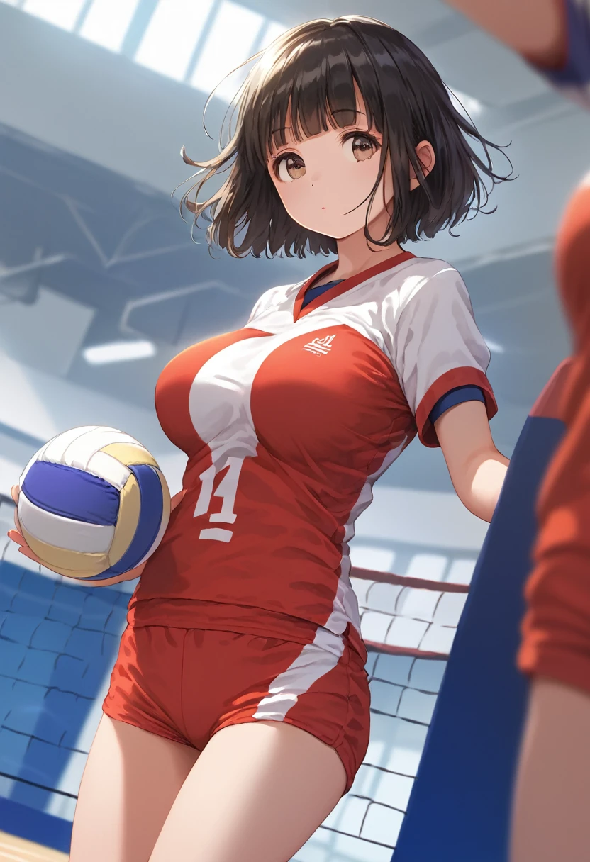 score_9,score_8_up,score_7_up,masterpiece,best quality, source anime, realistic, super detailed, extreme detailed, rating_safe,
1girl, solo, 22yo, short hair, bob cut, (blunt bangs), black hair, (tareme, detailed cute brown eyes), curled eyelashes, (large breasts:0.9), 
shiny hair, beautiful detailed eyes, beautiful face,
Playing Volleyball, Volleyball uniforms, cowboy shot,
Gymnasium, Volleyball Courts, Olympics, Japan National Team, audience,