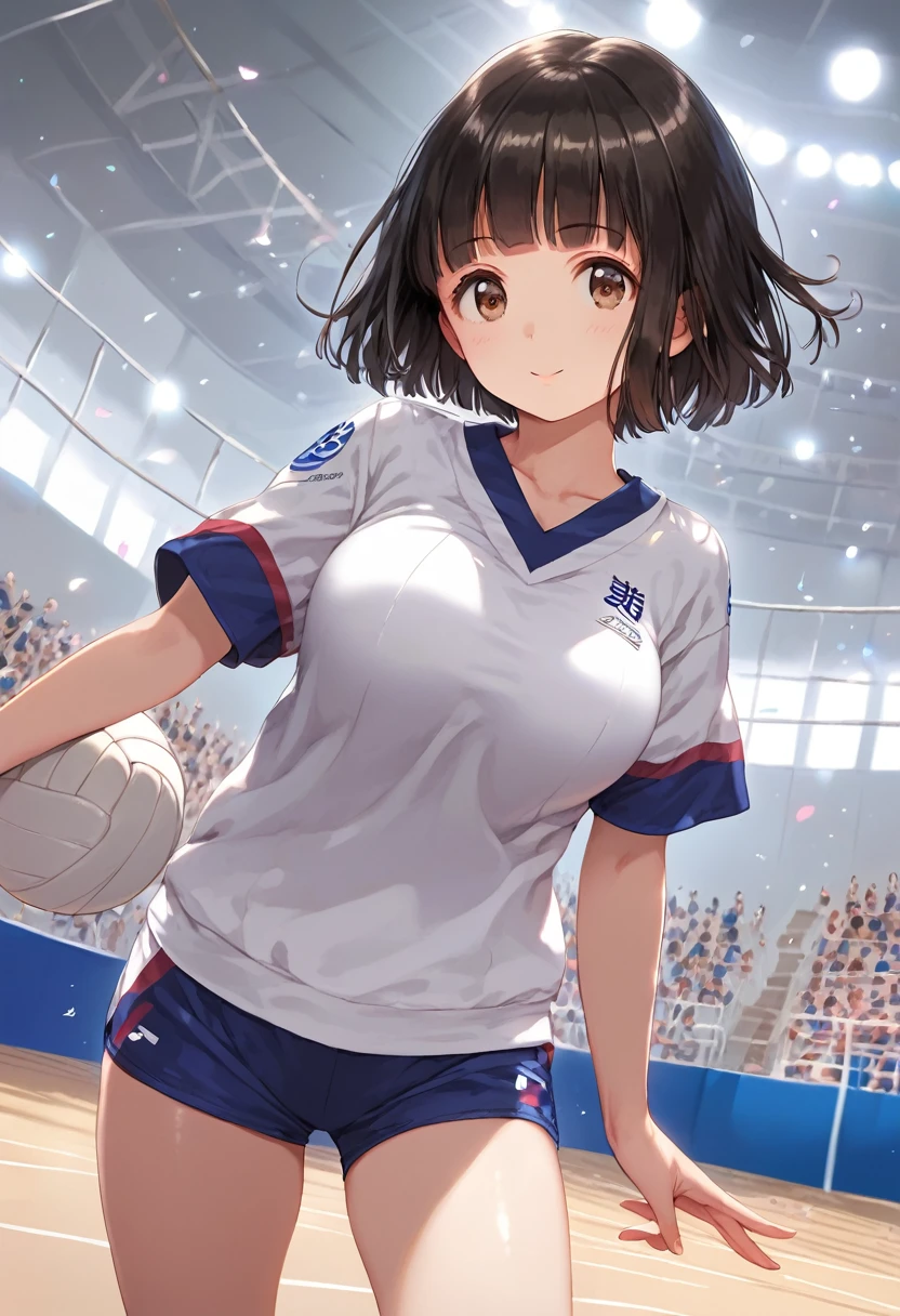 score_9,score_8_up,score_7_up,masterpiece,best quality, source anime, realistic, super detailed, extreme detailed, rating_safe,
1girl, solo, 22yo, short hair, bob cut, (blunt bangs), black hair, (tareme, detailed cute brown eyes), curled eyelashes, (large breasts:0.9),
shiny hair, beautiful detailed eyes, beautiful face,
Playing Volleyball, Volleyball uniforms, cowboy shot,
Gymnasium, Volleyball Courts, Olympics, Japan National Team, audience,