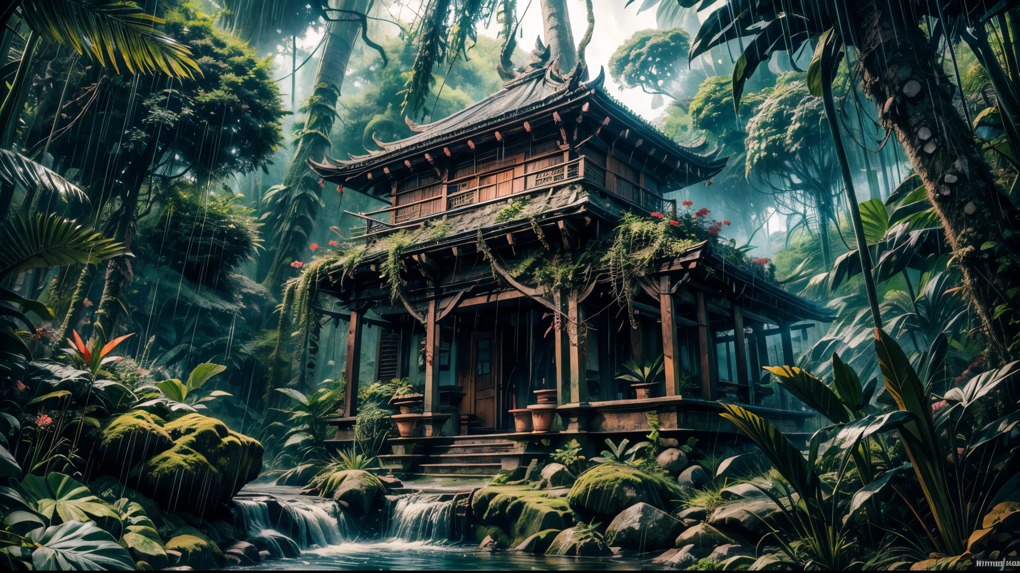  anime aestetics, anime scenery, daytime, rainforest, jungle, stone temple in the jungle, civered in moss, wines everywhere, downpour, strong, rain, mystic atmosphere, ancient structure, ttall tress, jungle plants, huge leavesm, beautifl big red jungle flowers, predator plants, perspective, atmospheric perspective, wide shot, highres, 4K, 8k, award winning, super detail, masterpiece