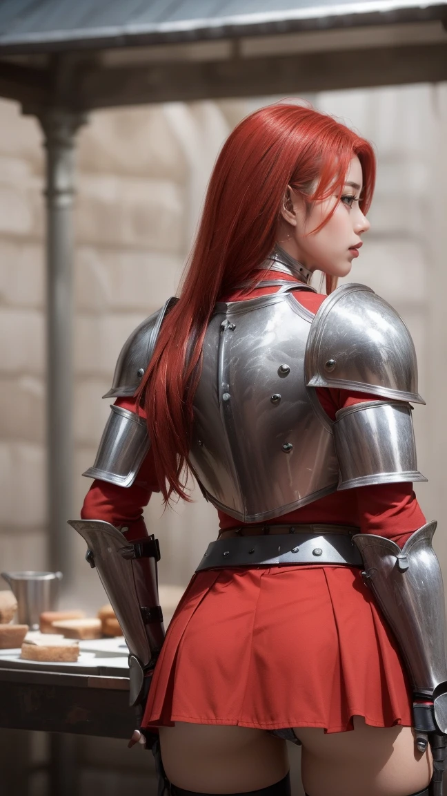 ((A red-haired warrior, from behind, wearing a short skirt on the ass, showing the ass, shot from below, Using plate armor, Steel gauntlets, steel gloves and steel breastplate, Looking back, Wearing a skirt)), very detailed skirt, (She doesn&#39;t wear underwear, skirt showing big teddy, raunchy, Round ass, pussy showing, smooth pussy showing from below, (up skirt), wind lifting skirt, sexy possession), medieval fantasy, d&d, RPG, work of art, best qualityer, 8K, ultra realistic. The most desired girl in the world has transcendental beauty, with expressive eyes, clear green eyes, arched eyebrows, sensual lips and radiant skin. Your facial structure is symmetrically perfect, with delicately sculpted cheekbones and a refined chin.