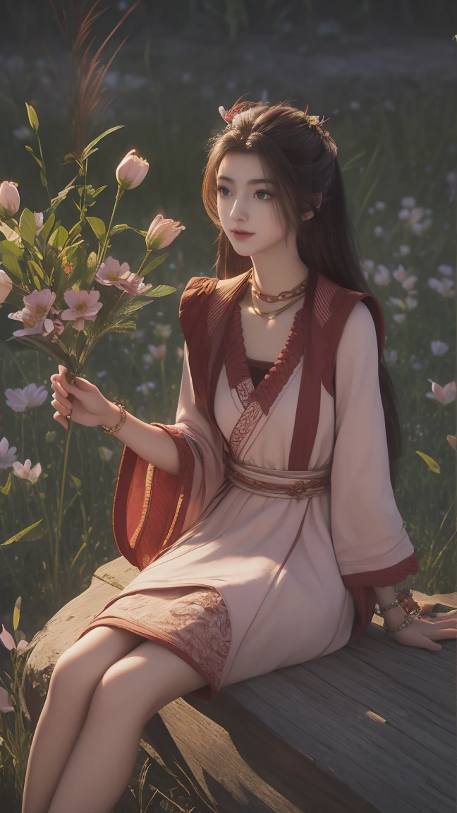 1girl, girl with long black hair, smiling, cheerful, girl is sitting among a wide expanse of flowers, surrounded by beautiful flowers, Calm and peaceful atmosphere, night, moonlight , Beautiful glowing butterflies surround the girl lighting up the darkness of the night, magic,Romantic, the night breeze blows the Sepoi Sepoi girl's hair, 