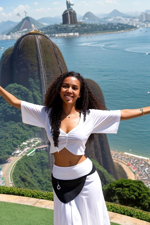 Brazilian brunette with black curly hair, in a skirt in front of Christ the Redeemer in Rio de Janeiro, with open arms, wearing a low-cut white blouse