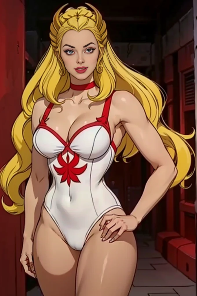 detailed photo of 1girl,
blonde, white dress, choker, she_ra, 
Dynamic pose,
smug smile, (red lingerie)

tall , (muscular body:1.3), (femenine hands:1.3),

skindentation, narrow waist, thighs,, eyeliner, eyelashes, perfect face, detailed eyes, facial lighting, cleavage, sexy

looking at viewer (masterpiece, high quality:1.2)