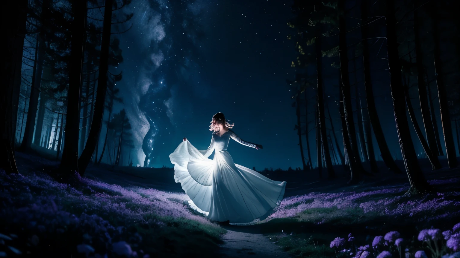 Une jeune femme de 30 ans danse sous les étoiles dans une forêt enchantée, gros plan sur le visage, son visage illuminé par la lumière de la lune. Elle porte une robe fluide qui semble flotter autour d'elle. Le fond est parsemé de lumières scintillantes et de couleurs vives rappelant les effets visuels d'une soirée techno. Son expression est pleine de joie et de liberté, capturant l'essence d'une nuit magique, gros plan sur le visage