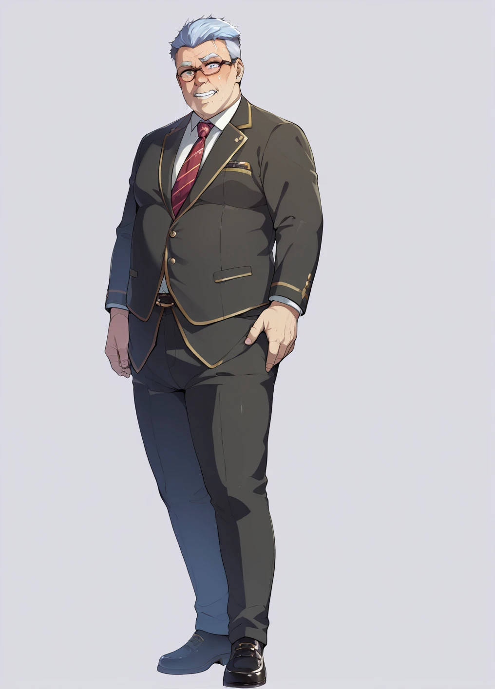 Ultra-detailed illustrations、Ultra-precise expression、masterpiece、Highest quality、ultra High resolution、High resolution、Hiromitsu Takeda Style、White background、Simple Background、stand、whole body、suit、One fat old man、baldness、solo、Vulgar expression、Leather shoes、
