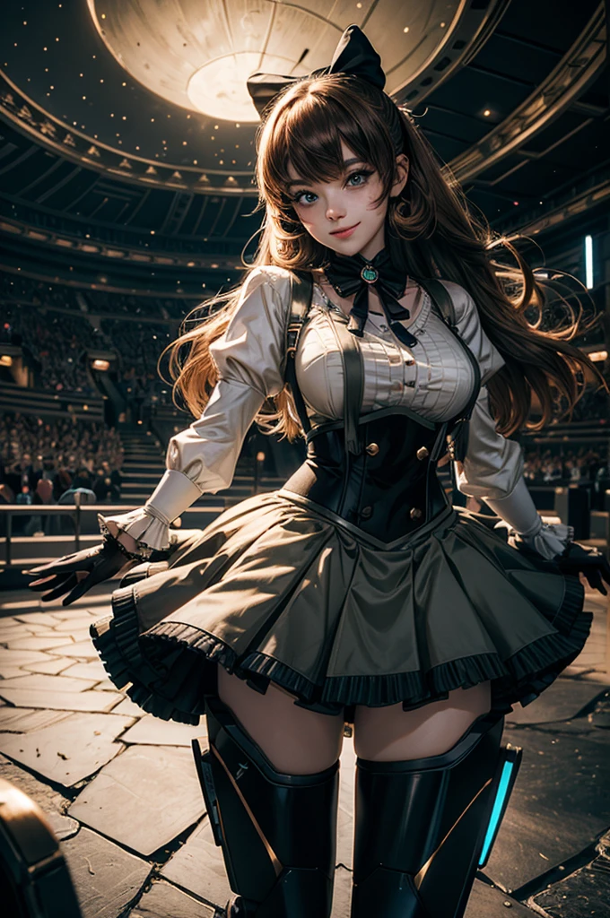 cowboy shot, (dynamic pose), smile,  underbust, Penny Polendina, long hair, neck ribbon, suspender skirt, corset, black bow, white blouse, mechanical legs, neon trim, standing, in planetarium, spectators, crowd, BREAK night, stars, moon, snow, BREAK  (volumetric lighting), intricate details, tonemapping, sharp focus, hyper detailed

