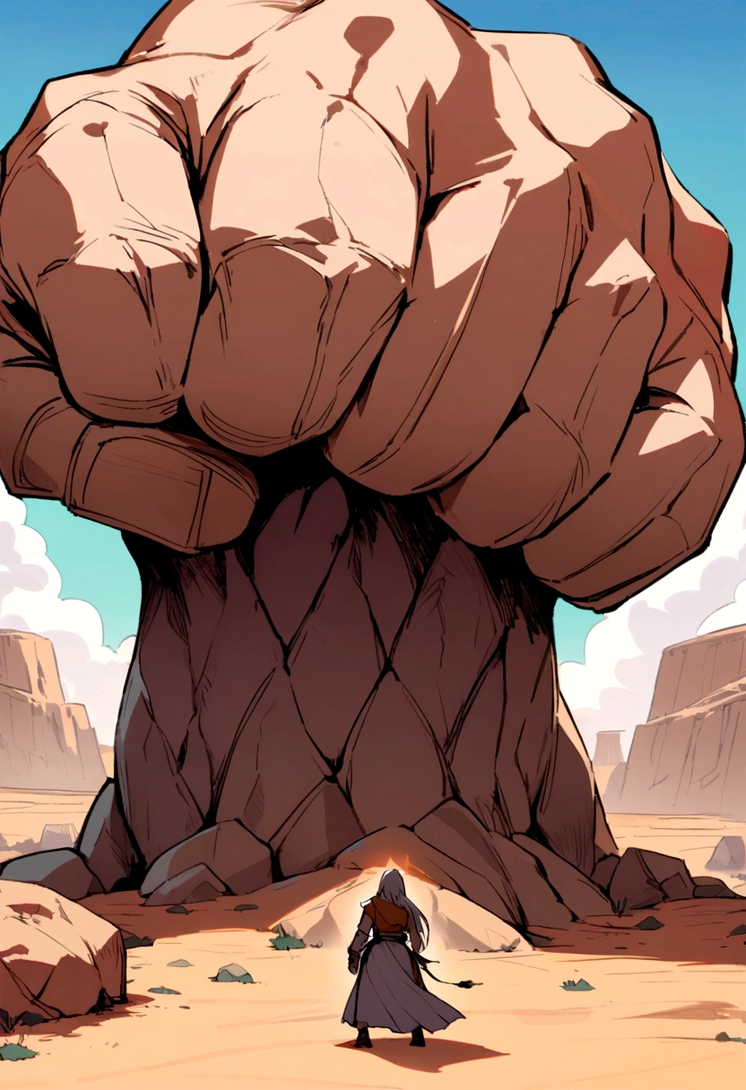 a giant fist  in stone on the desert 