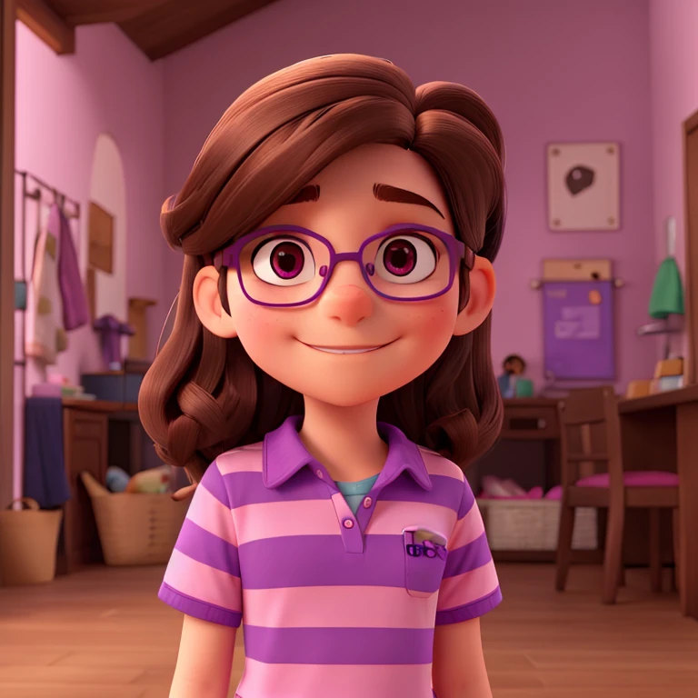 a  with glasses with long dark brown hair, has brown eyes, wears a purple t-shirt with pink stripes and navy blue pants and magenta shoes