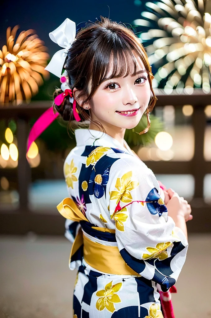 ((Highest quality, 8K, masterpiece: 1.3)),RAW Photos,Realistic atmosphere,Lens flare, Ray Tracing,(Detailed beautiful white skin:1.3),Beautiful Japanese, High-resolution face,shiny light brown hair,Bun Hair,Red and gold hair ornament,(Watching the fireworks wearing a floral yukata:1.2),Huge fireworks,(White yukata with sleeves:1.2),((Ribbon-type obi:1.5)),((Looking back with an innocent smile:1.3)),Blurred grand fireworks,(Many colorful fireworks:1.2)Star Mine,Fireworks across the sky,Large fireworks