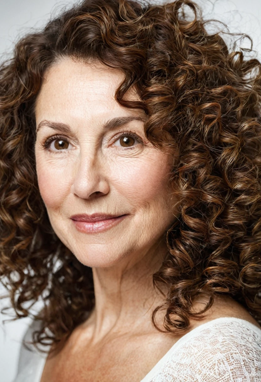 older woman with brown curly hair and white skin