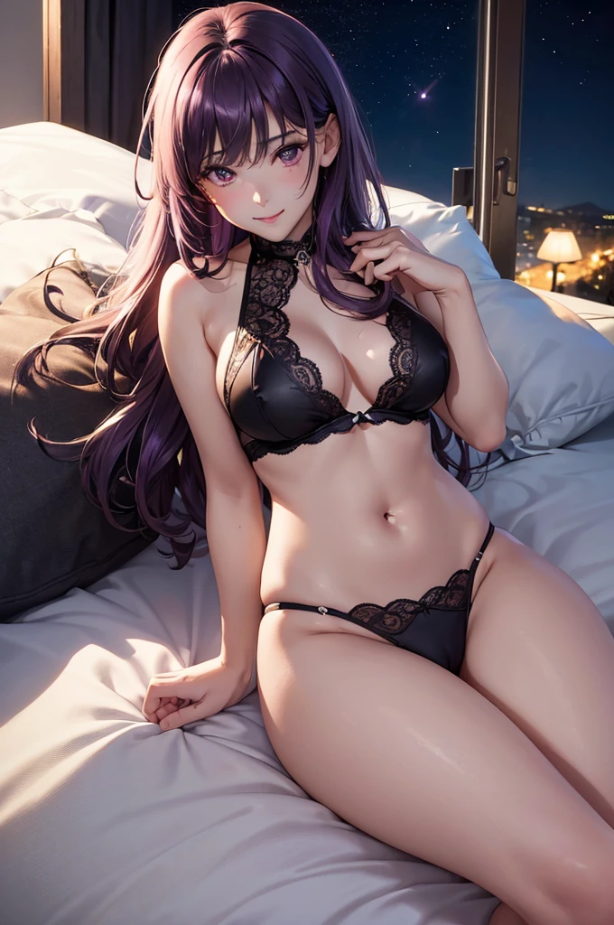 (Best Quality,High resolution,8K,finelity detailed background,Masterpiece:1.2),beautiful girl,Shiny purple hair,messy hair,Purple Eyes,Gentle look,A refreshing look,Best quality,Best Quality,Aesthetic and aesthetic:1.2,Best details((Super detailed))(High-definition CG illustrations),Black underwear (black,intricate lace),Slender body,Late Night,Moonlit Night,Bedroom,On the bed,smile,blush,cute,Scrounge,Looking up,Being spoiled,super model,wariza,shoot from above