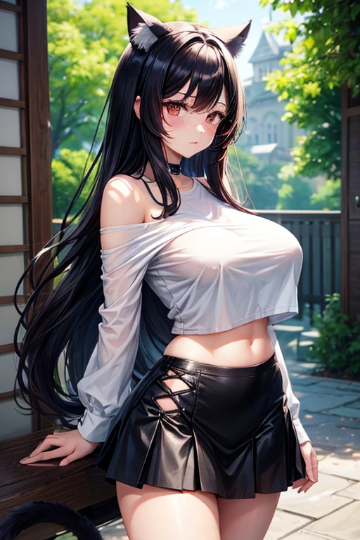 Anime woman with off shoulder white shirt, Shirt sticks out from the body, Shirt does not completely cover the breasts, big breasts, black black skirt, standing, Perspective from the side, the viewer look, reddened cheeks, cat ears, Belly-free, long black hair, shiny skin, nice legs, beautiful arms, rubdungen emphasized, long beautiful bushy red foxtail (very detailed)