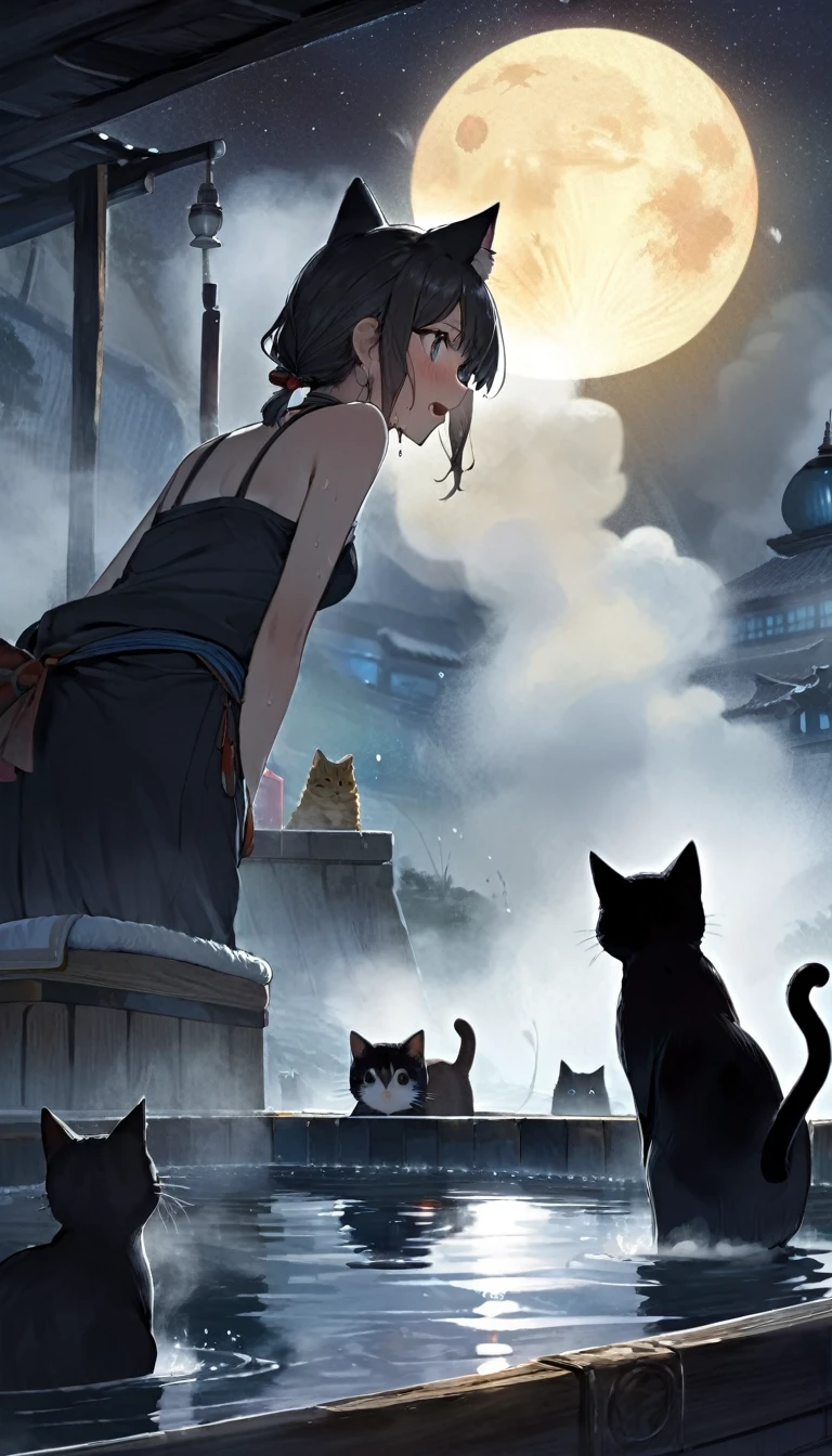 (space onsen style:1.3),Fantasy onsen in outer space,Wonder, discomfort, healing, Two women with cat ears,beautiful,cool, a fun day, Hidden hot springs, dark and creepy creatures,(rembrandt lighting:1.2), embarrassing, have a cat, cat-lake, darknight,mist, midnight, darknight, (mist:1.4),Surprised and flustered, moon,Close-up of the upper body,a little sweat, perfect anatomy, Artistic, memorable masterpieces, moments in history,Peeping onsen-cats,(steam:1.6),a little sweat, Strong wind blowing, from behind,from below, (fantastical and mesmerizing scenery) Watercolor:1.4, Delicate, Detail, Masterpiece, (onsen-cats:1.4), (masterpiece:1.2),(best quality:1.2),newest,intricate details,(art inspired by Bill Sienkiewicz). oil painting)