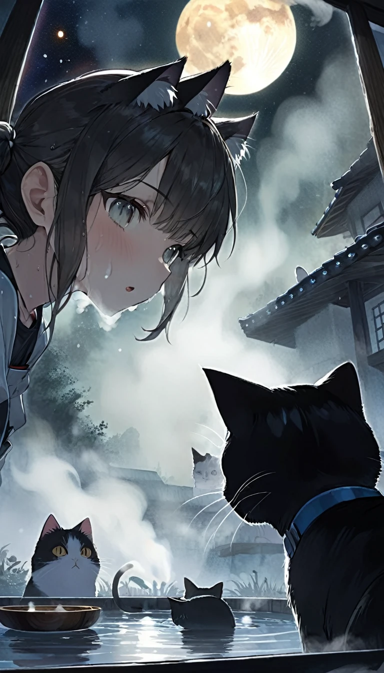 (space onsen style:1.3),Fantasy onsen in outer space,Wonder, discomfort, healing, Two women with cat ears,beautiful,cool, a fun day, Hidden hot springs, dark and creepy creatures,(rembrandt lighting:1.2), embarrassing, have a cat, cat-lake, darknight,mist, midnight, darknight, (mist:1.4),Surprised and flustered, moon,Close-up of the upper body,a little sweat, perfect anatomy, Artistic, memorable masterpieces, moments in history,Peeping onsen-cats,(steam:1.6),a little sweat, Strong wind blowing, from behind,from below, (fantastical and mesmerizing scenery) Watercolor:1.4, Delicate, Detail, Masterpiece, (onsen-cats:1.4), (masterpiece:1.2),(best quality:1.2),newest,intricate details,(art inspired by Bill Sienkiewicz). oil painting)