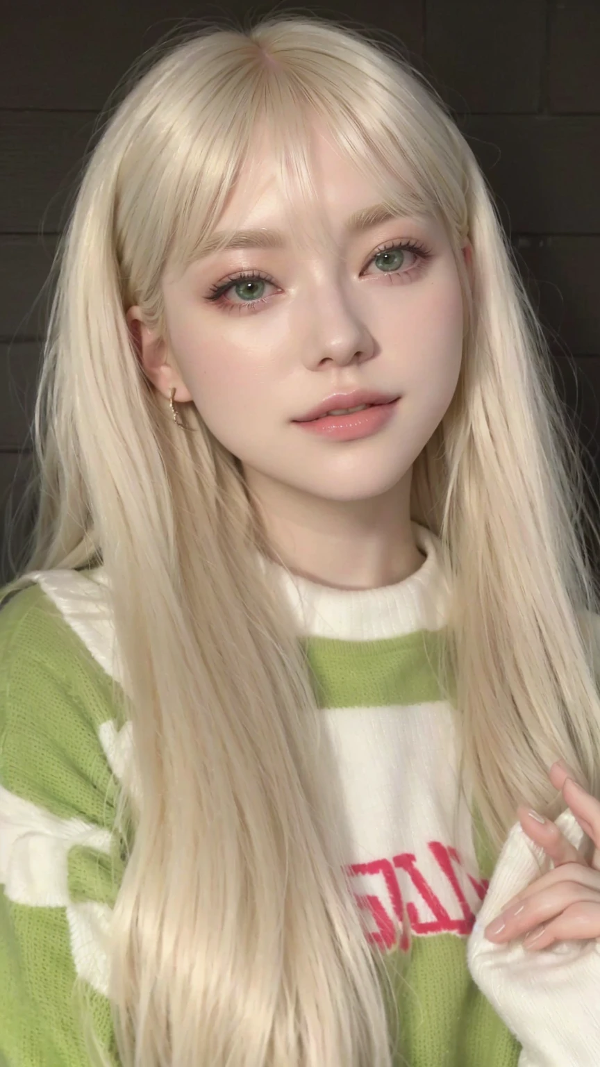 a close up of a person with long blonde hair and a green sweater, white hime cut hairstyle, long white hair and bangs, ulzzang, very very pale blond hair, white bangs, her hair is white, extremely pale blond hair, belle delphine, with white long hair, with long white hair, roseanne park of blackpink, lalisa manobal, pale hair