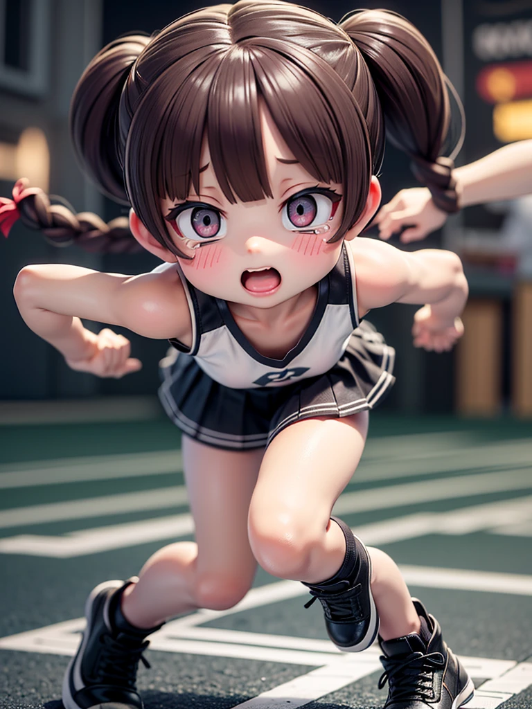 Highest quality、High resolution、Detailed Background、(Beautiful face in every detail:1.4)、Anatomically correct、(Detailed facial expressions)、(fine grain:1.2), shoot from below:1.5, Teenage Beauty、Cute hair color、Braided Ponytail、Braided bob cut、Braided twin tails、Lower grade primary school students, (Tank top、Vneck、mini skirt、Cute Shoes)、Perfect body line、(Running for his life:1.5、Sprinting:1.5)、(I have tears in my eyes:1.5、Screaming and looking like she's about to cry)、The wind flows、Cloud flow、Light flow、