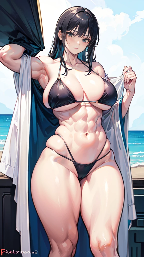 a drawing of a woman in a bikini, muscular girl, muscular character, sci-fi, feminine and muscular, makoto, white, fubuki, (thin waist), ((curvy)), ((wide hips)), big long black hair, y, muscular thighs