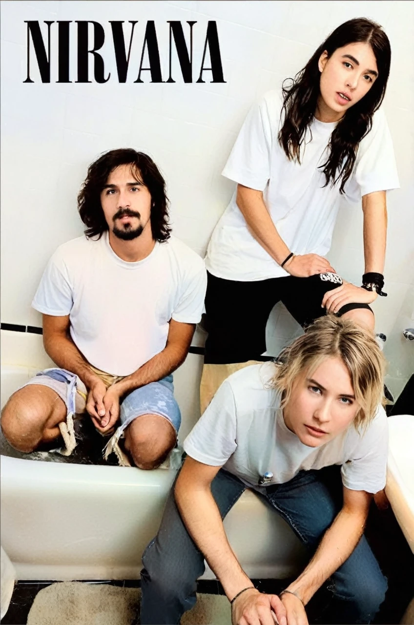 The image is a candid snapshot of three young  bathroom, seemingly in the midst of a casual moment, Perfect realistic skin and hands. Ultra realistic photo, vibrant colors, 8k