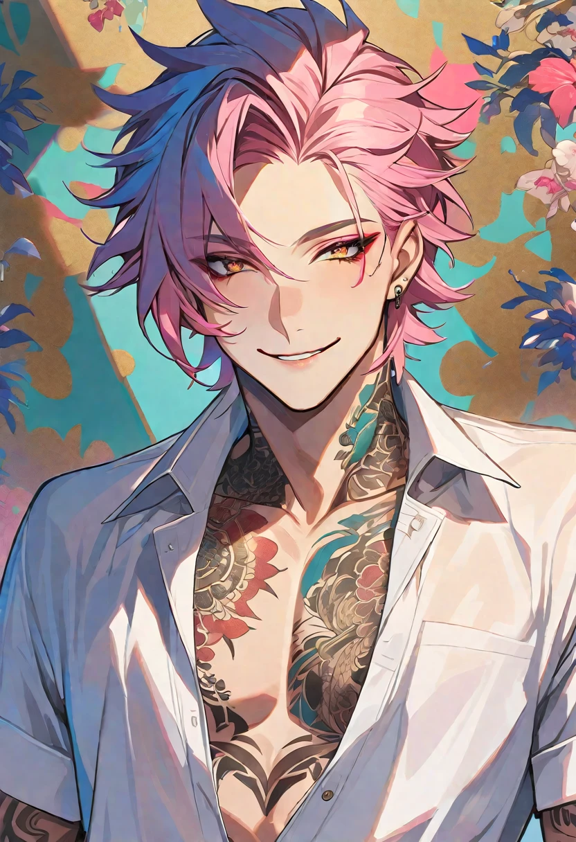 Solo, 1 male, pink hair, gold eyes, white shirt, smile facial, tattoo, sexy