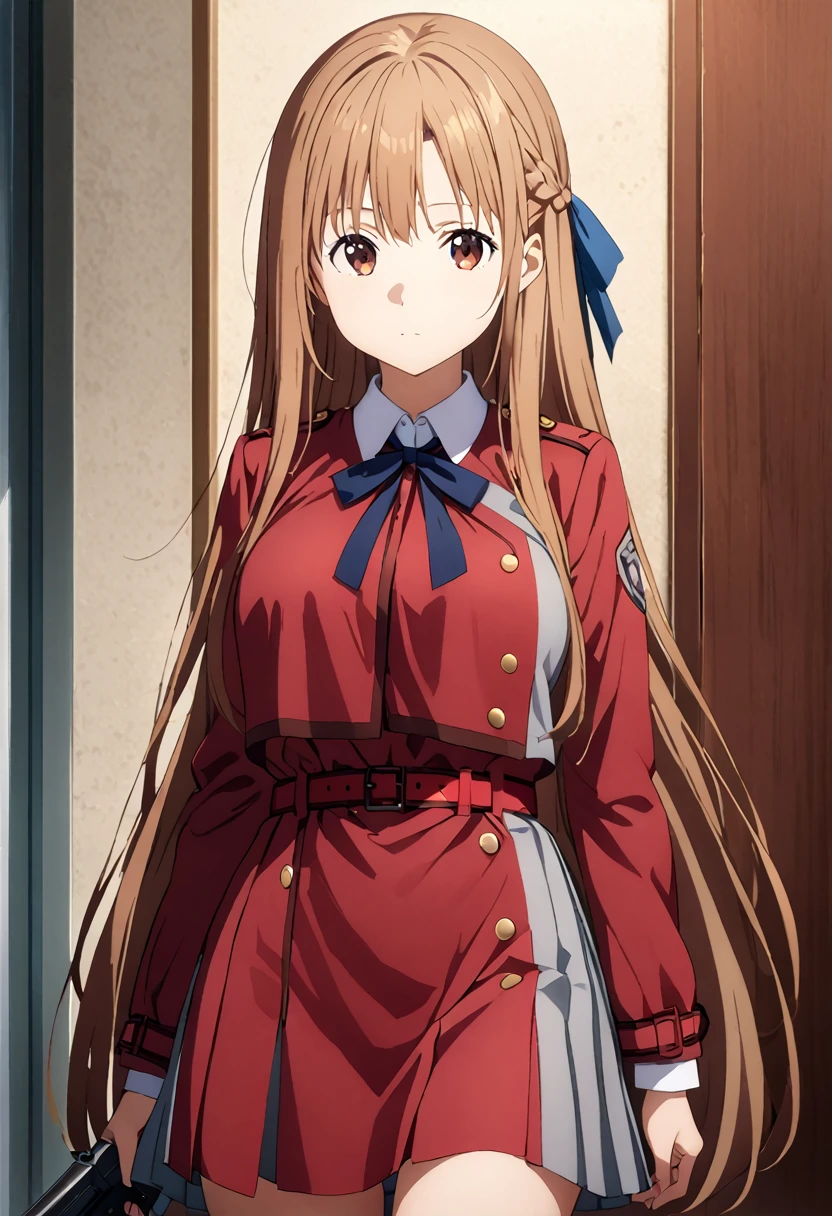 Highest quality、Super detailed、High resolution illustrations、Ultra-high-definition CG、8k size wallpaper、Production Art、Light novel illustrations、asuna yuuki, long hair, bangs, brown hair, brown eyes, very long hair, braid,, shirt, long sleeves, dress, ribbon, white shirt, collared shirt, belt, neck ribbon, red dress, blue ribbon, pleated dress, grey dress, two-tone dress, Red belt, lycoris uniform, Waiting at the corner with a gun at the ready
