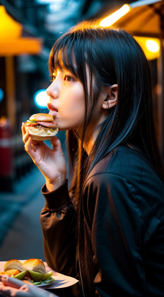 I need a photo of a girl eating a hamburger, Spotlight, with backlight lighting (so the girl has to be in profile clearly) black hair and black bangs