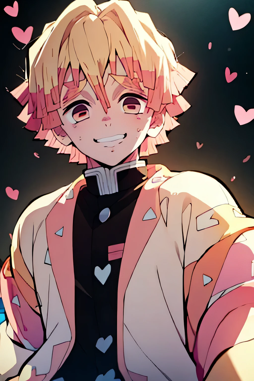 boy , HAIR GOLD, pink hearts floating , heart shaped eyes , Grinning 