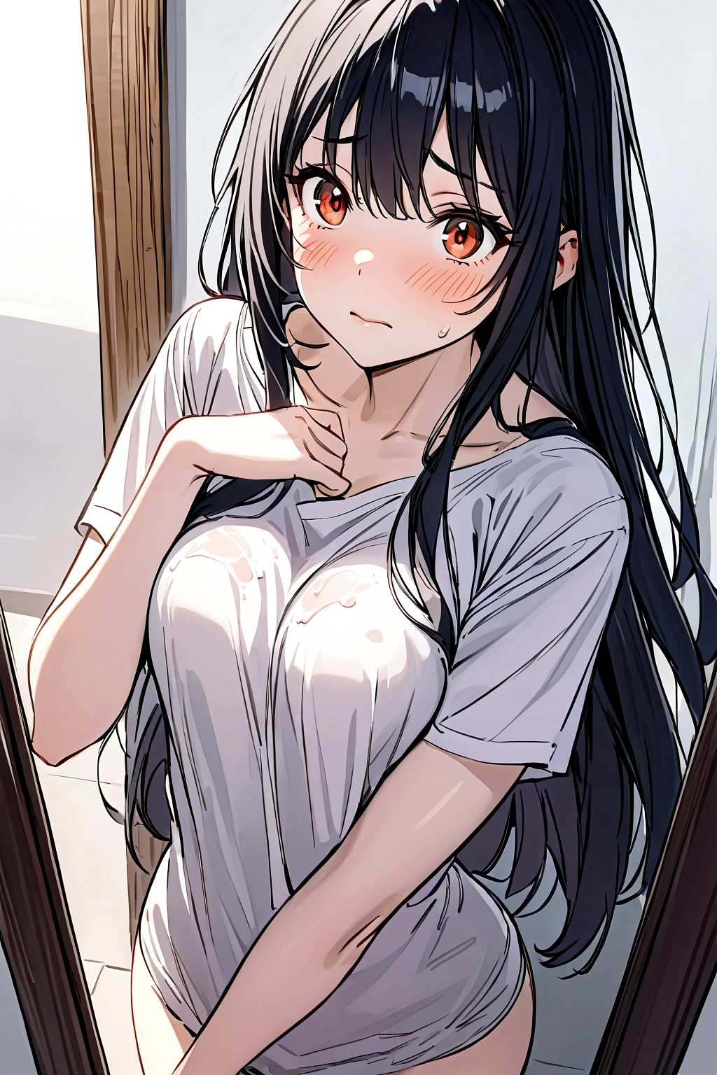 - Female college student- Long black hair,Straight Hair,Hair ends are slightly curled,Scattered on shoulders - big eyes,Black pupil,Long eyelashes - Pretty face - Fair skin - Delicate features - Slim figure,高挑
- 约165cm高
- 胸部full,Papaya shape
- 白色宽松T恤,Slightly longer hem,Covers part of lower body - Small,Hidden under a T-shirt - Barefoot,Rounded Toes - Simple and Clean Restroom,White tiles,Mirror- Jiang Xiaochen standing in front of the mirror,Grab your chest with your hands,White liquid leaking from chest - Slightly red cheeks,Mild sweating,表情Awkward和nervous
- surprise和Puzzled:Eyebrows slightly wrinkled,Eyes wide open,嘴巴微张
- Awkward和nervous:Blushing cheeks,Mild sweating,Hands clasped or crossed over chest - Anxiety:Wandering eyes,Lean forward slightly,Rubbing hands nervously - chest:full,Papaya shape,White liquid spills,Liquid shimmers slightly - Expression:surprise、Puzzled、Awkward、nervous、Anxiety and other emotions alternation - body movements:Grab your chest with your hands,Cross your arms,Rubbing hands nervously - white liquid flowing effect on chest,仿佛正在滴落
- Hair ends are slightly curled的细节,Shows soft hair-delicate skin texture,Showing her youthfulness - Soft ambient light,Highlight the details and expressions of characters