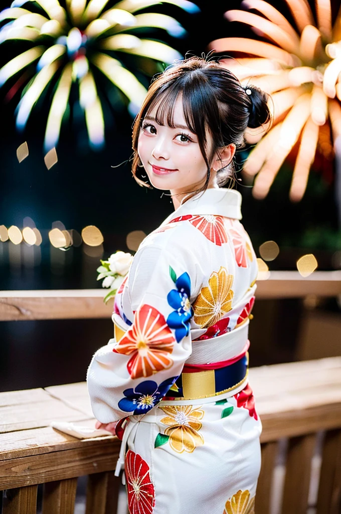 ((Highest quality, 8K, masterpiece: 1.3)),RAW Photos,Realistic atmosphere,Lens flare, Ray Tracing,(Detailed beautiful white skin:1.3),Beautiful Japanese, High-resolution face,shiny light brown hair,Bun Hair,Red and gold hair ornament,(Watching the fireworks wearing a floral yukata:1.2),Huge fireworks,(White yukata with sleeves:1.2),((Tie Obi:1.3)),((Looking back with an innocent smile:1.3)),Blurred grand fireworks,(Many colorful fireworks:1.2)Star Mine,Fireworks across the sky,Large fireworks
