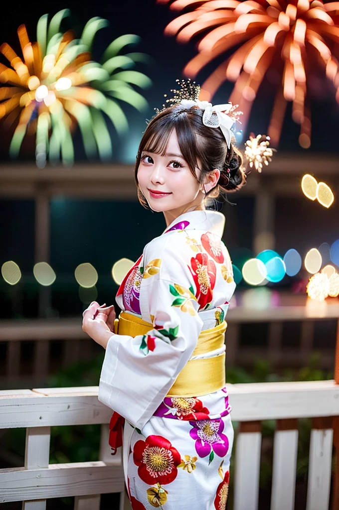 ((Highest quality, 8K, masterpiece: 1.3)),RAW Photos,Realistic atmosphere,Lens flare, Ray Tracing,(Detailed beautiful white skin:1.3),Beautiful Japanese, High-resolution face,shiny light brown hair,Bun Hair,Red and gold hair ornament,(Watching the fireworks wearing a floral yukata:1.2),Huge fireworks,(White yukata with sleeves:1.2),((Tie Obi:1.3)),((Looking back with an innocent smile:1.3)),Blurred grand fireworks,(Many colorful fireworks:1.2)Star Mine,Fireworks across the sky,Large fireworks