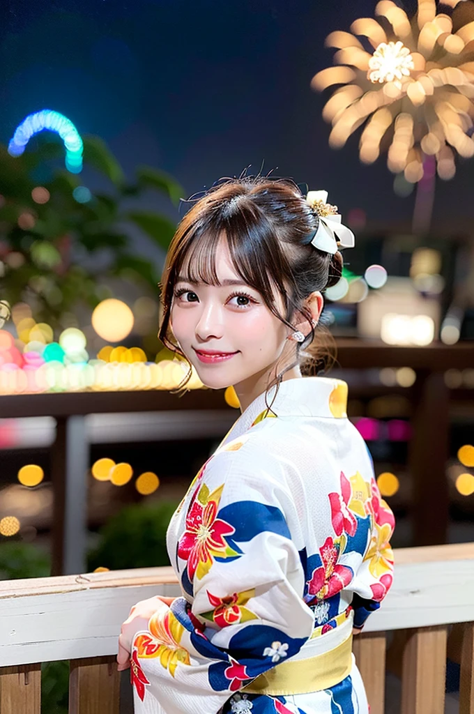 ((Highest quality, 8K, masterpiece: 1.3)),RAW Photos,Realistic atmosphere,Lens flare, Ray Tracing,(Detailed beautiful white skin:1.3),Beautiful Japanese, High-resolution face,shiny light brown hair,Bun Hair,Red and gold hair ornament,(Watching the fireworks wearing a floral yukata:1.2),Huge fireworks,(White yukata with sleeves:1.2),((Tie Obi:1.3)),((Looking back with an innocent smile:1.3)),Blurred grand fireworks,(Many colorful fireworks:1.2)Star Mine,Fireworks across the sky,Large fireworks