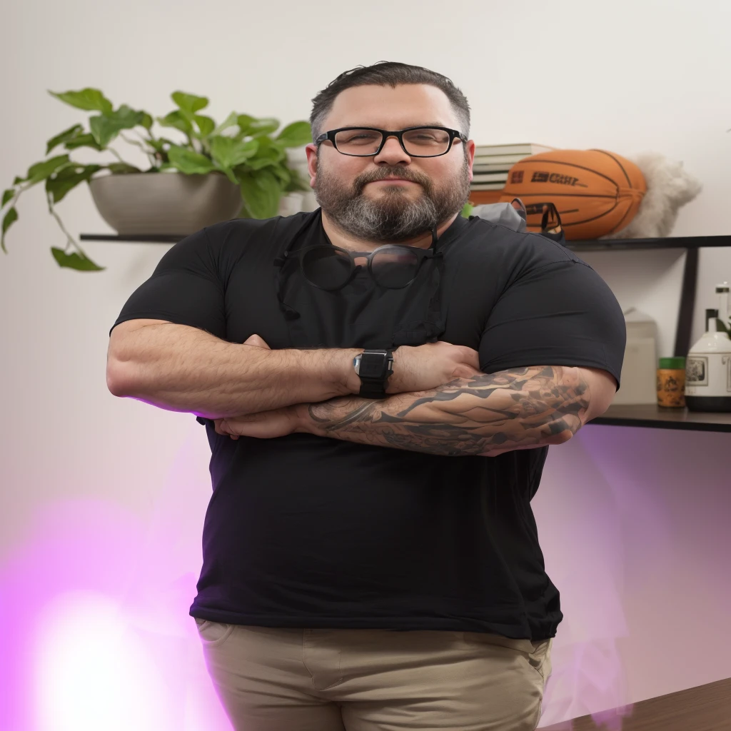 there is a man with a beard and glasses standing in front of a shelf, stocky, full body photo of steve, mid shot portrait, filmed on sony a 7 iii, detailed portrayal, designer-chef Greg Rutkowski, adam varga, arms crossed on the chest, Serpentina do Twitch / gamer ludwig, tirada com canon 5d mk4, Shot with Sony Alpha